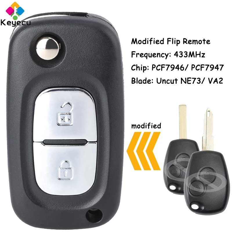 

KEYECU Modified Flip Remote Key With 2 Button 433MHz PCF7946/ PCF7947 Chip Fob for Renault Duster Modus Clio 3 Twingo for DACIA