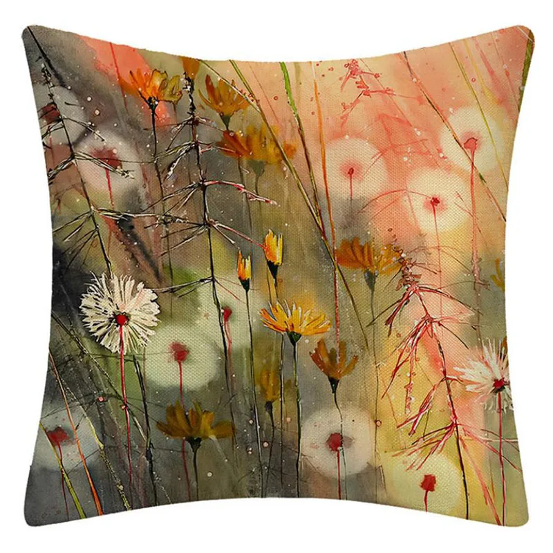 

2pcs/set Household Living Room Decorated Pillowcase Floral Pattern Pillow Case Flax Flower Plant Throw Cushion Cover