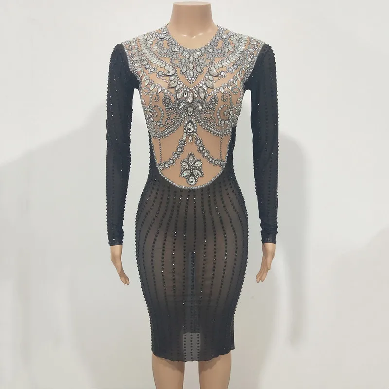 Shining Rhinestones See Through Black Mesh Dress Nightclub Bar Stage Performance Costume Women Birthday Celebrate Sexy Dresses
Shining Rhinestones See Through Black Mesh Dress Nightclub Bar Stage Performance Costume Women Birthday Celebrate Sexy Dresses
