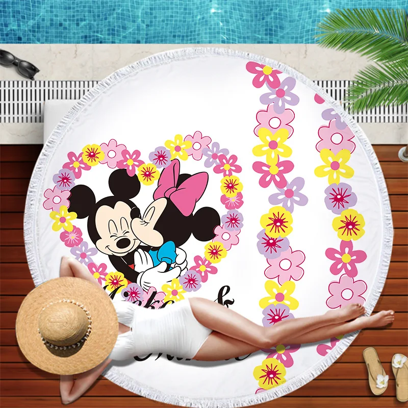 

Disney Cartoon Mickey Minnie Stiller Flower-print Fringed Round Bath Towel for Adults and Children 150cm Summer Bath Towel