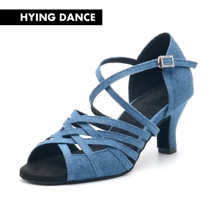 

Женские танцевальные туфли HYING, для латиноамериканских танцев, темно-синие джинсовые расклешенные каблуки