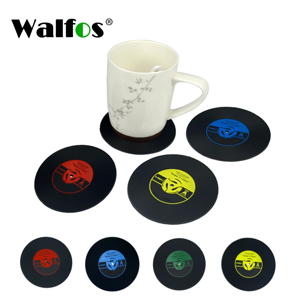 

Walfos 4Pcs/set Retro Vinyl CD Record Drinks Coaster Table Cup Mat Coffee Placemat Silicone Printed Pattern Anti-fade Home Decor