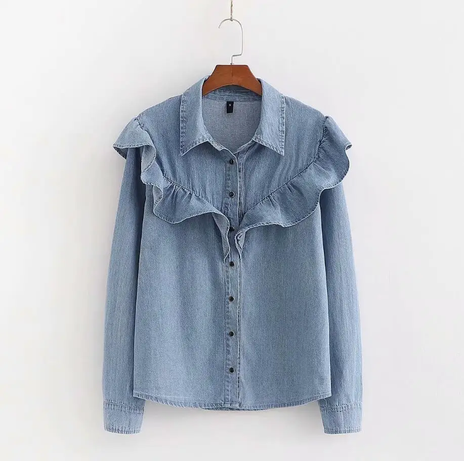 women chic denim ruffles blouse turn down collar long sleeve shirt female stylish office wear solid tops blusas
women chic denim ruffles blouse turn down collar long sleeve shirt female stylish office wear solid tops blusas