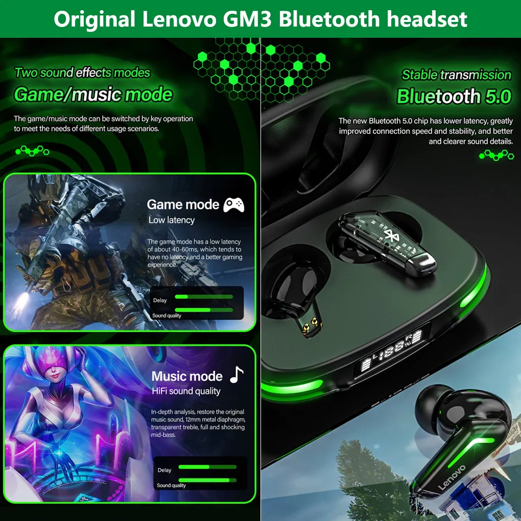 Lenovo GM3 TWS Gaming Headphone Low Latency Wireless Bluetooth Earphone LED battery display Touch Control Earbuds With Mic
Lenovo GM3 TWS Gaming Headphone Low Latency Wireless Bluetooth Earphone LED battery display Touch Control Earbuds With Mic