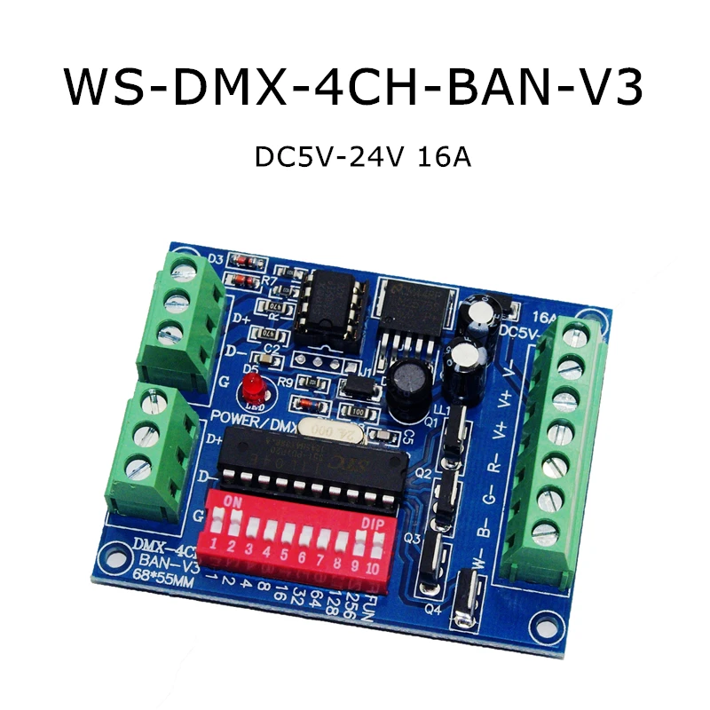 WS-DMX-4CH-BAN-V3 4CH RGBW Easy DMX512 Controller Decoder Dimme DC5V-24V for RGBW LED Strip Light Constant Voltage Common Anode
WS-DMX-4CH-BAN-V3 4CH RGBW Easy DMX512 Controller Decoder Dimme DC5V-24V for RGBW LED Strip Light Constant Voltage Common Anode