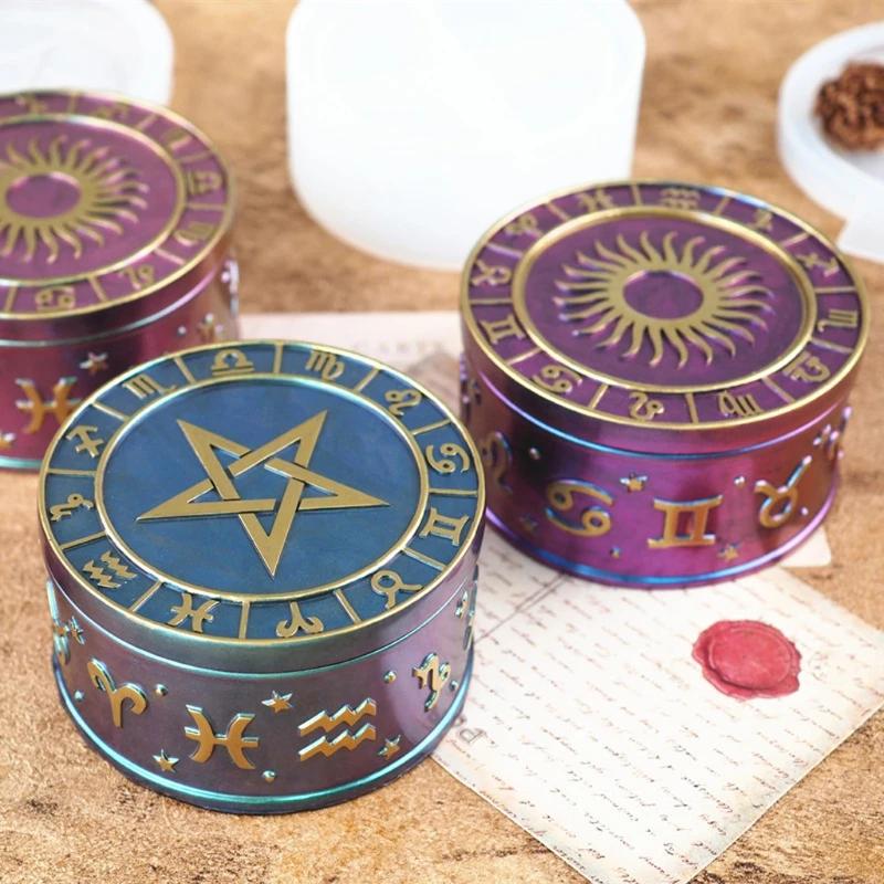 12 Constellation Storage Box Epoxy Resin Casting Mold with Sun Star Lids Molds N58F