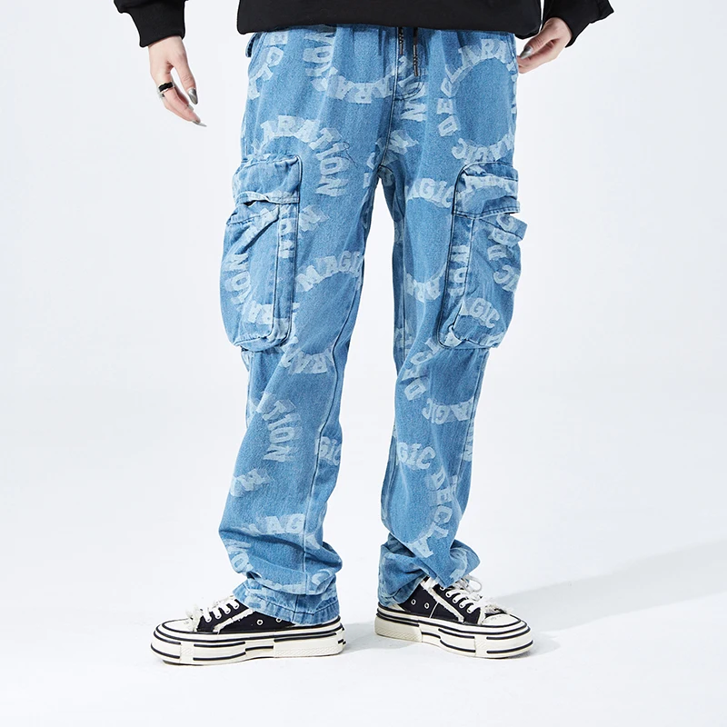 Black Blue Retro Jacquard Cargo Denim Flared Pant Harajuku Hip Hop Big Pockets for Men Women Streetwear Fashion Flare Jeans
Black Blue Retro Jacquard Cargo Denim Flared Pant Harajuku Hip Hop Big Pockets for Men Women Streetwear Fashion Flare Jeans
