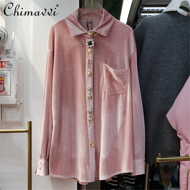 French Elegant Velvet Polo Collar Top Women's 2021 Winter New Fashion Chic Pink Shirt Ladies European Trendy Office Lady Blouses
French Elegant Velvet Polo Collar Top Women's 2021 Winter New Fashion Chic Pink Shirt Ladies European Trendy Office Lady Blouses