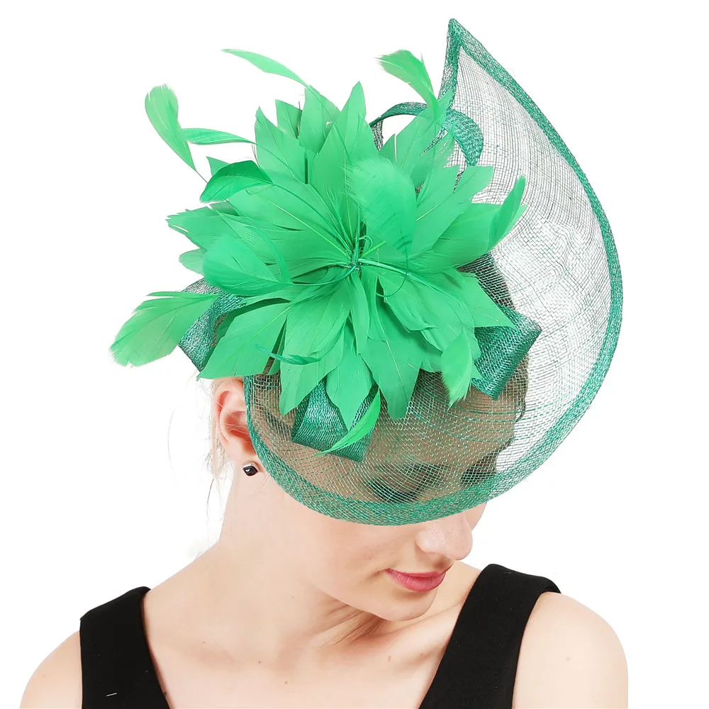 

Women Green Sinamay Fascinator Hats with Beautiful Feather Flower Red Black Female Kentucky Derby Church Wedding Party Headbands