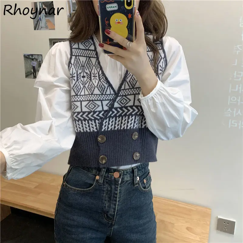 

Cropped Sweater Vests Women Autumn Patchwork Buttons Panelled Design Tender Street Style Ulzzang Casual All-match Trendy Female