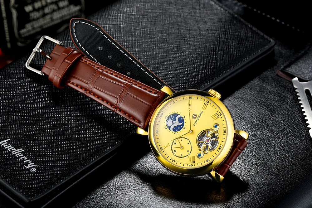 Forsining Dual Time Zone Design Golden Dial Leather Band Mechanical Automatic Watch Tourbillon Waterproof Moon Phase Wristwatch 
Forsining Dual Time Zone Design Golden Dial Leather Band Mechanical Automatic Watch Tourbillon Waterproof Moon Phase Wristwatch
