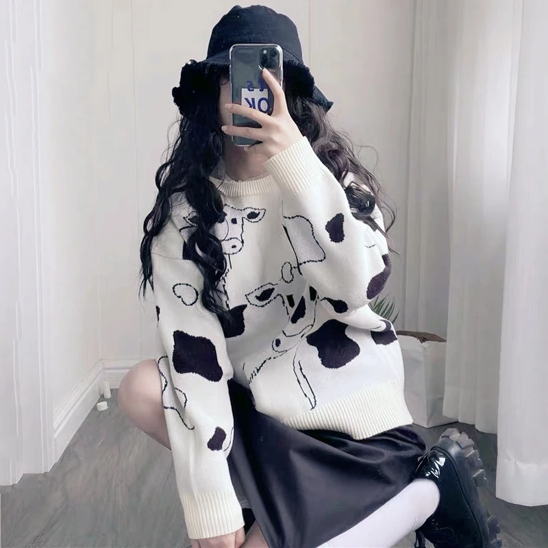New Autumn Sweater Women College Style Sweater Cute Cow Sweater Loose Round Neck Knitted Sweater Harajuku Cartoon Animal Sweater
New Autumn Sweater Women College Style Sweater Cute Cow Sweater Loose Round Neck Knitted Sweater Harajuku Cartoon Animal Sweater