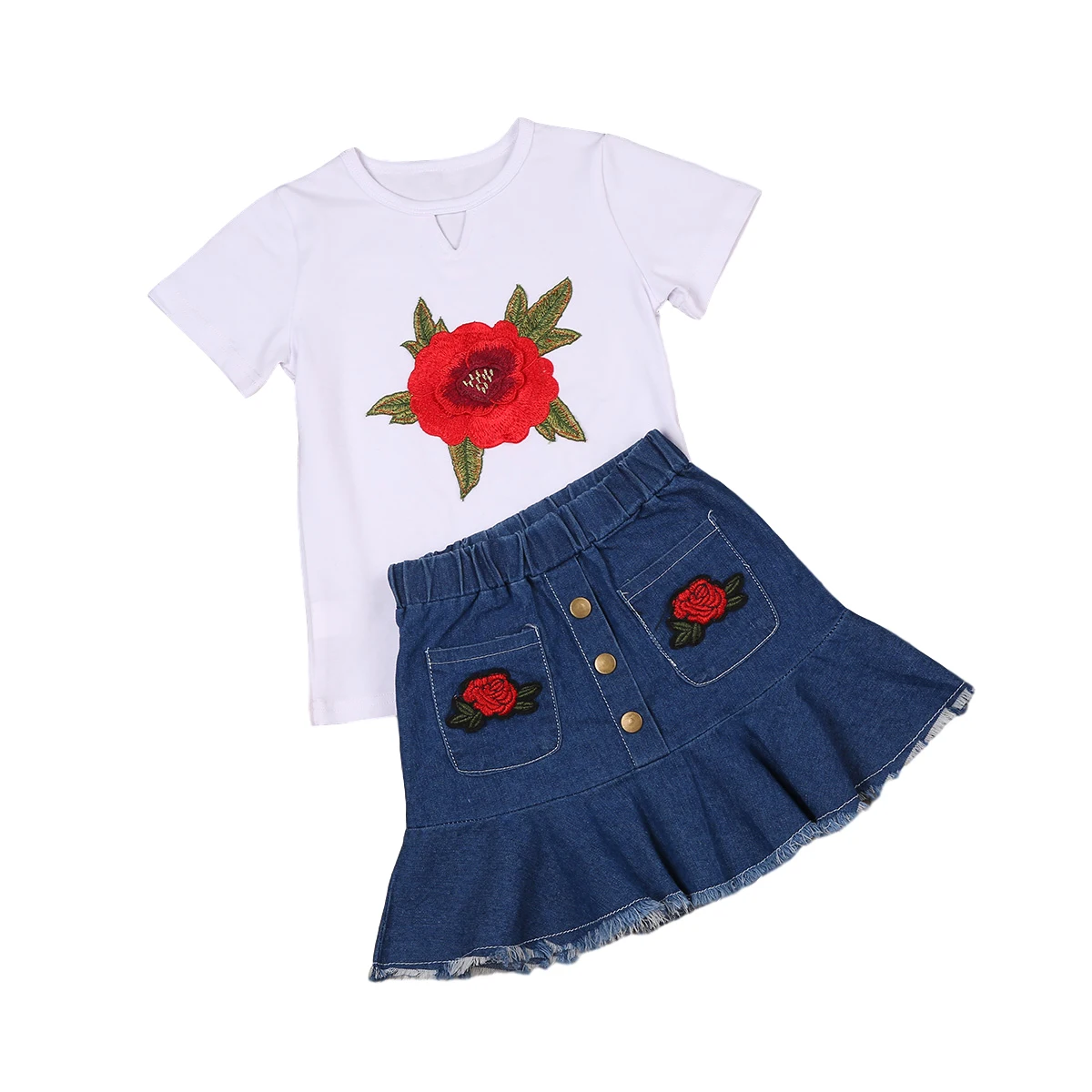 Kids Baby Girls Clothes Sets Flowers Print White T Shirts Tops Blue Denim Ruffles A-Line Skirts
Kids Baby Girls Clothes Sets Flowers Print White T Shirts Tops Blue Denim Ruffles A-Line Skirts