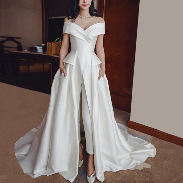 Vintage Wedding Dresses Pants Suit Jumpsuits Pockets Off the Shoulder Elegant Satin Wedding Party Formal Dress Outfit Custom New
Vintage Wedding Dresses Pants Suit Jumpsuits Pockets Off the Shoulder Elegant Satin Wedding Party Formal Dress Outfit Custom New