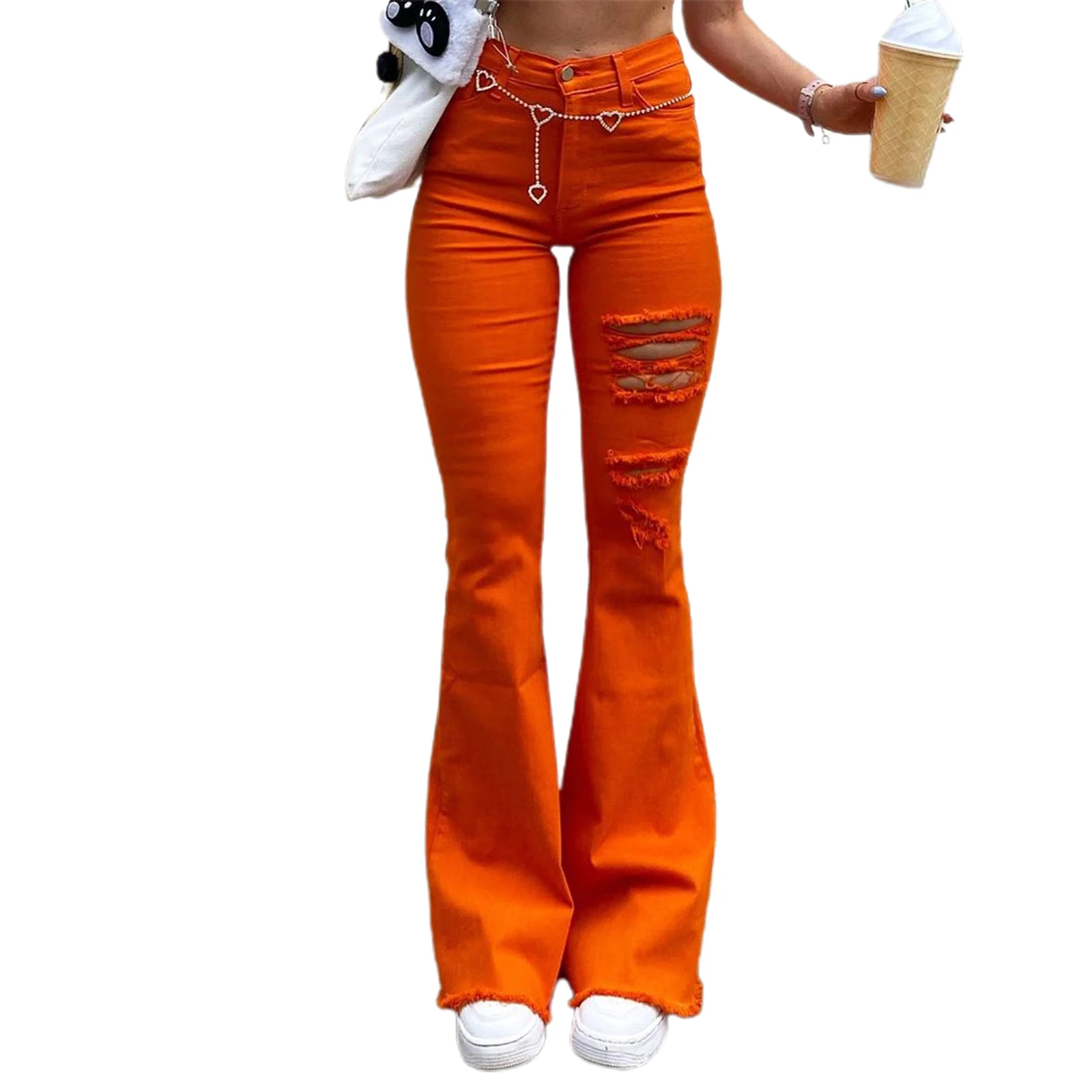 Women Close-fitting Broken Holes Jeans, Solid Color High Waist Flared Pants, Brown/ Orange 2021 New Fashion
Women Close-fitting Broken Holes Jeans, Solid Color High Waist Flared Pants, Brown/ Orange 2021 New Fashion