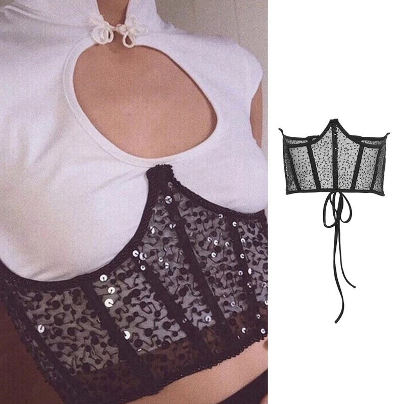 Women Sheer Lace Mesh Corset Underbust Bustiers Sequins Wide Waist Belt Cincher
Women Sheer Lace Mesh Corset Underbust Bustiers Sequins Wide Waist Belt Cincher