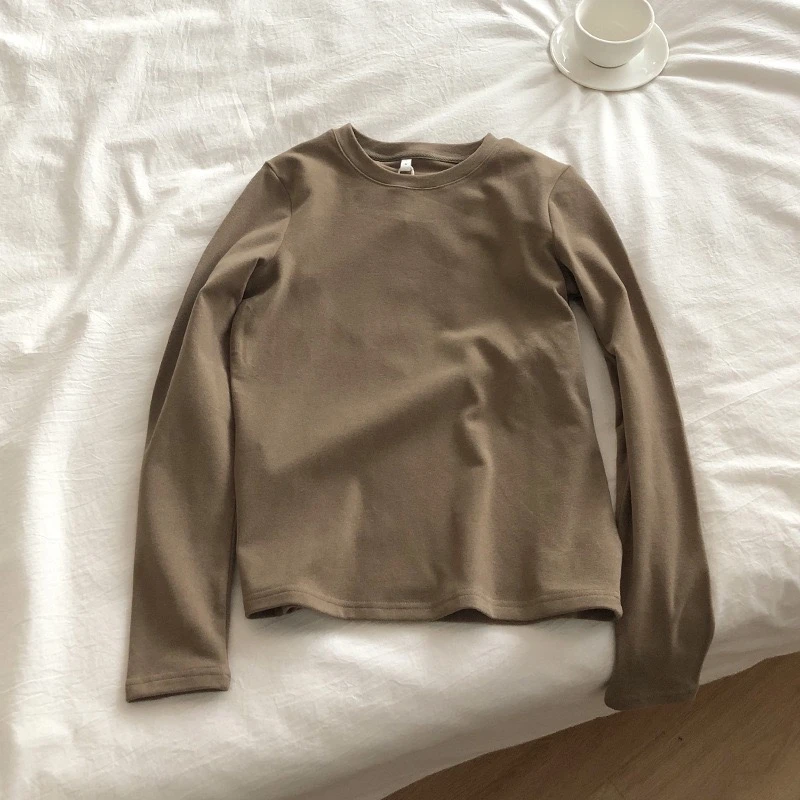 LMQ New High Quality Cotton Solid Bottoming T Shirt Women Autumn Long Sleeve O Neck Streetwear Ladies Basic Tops Thick Soft | Женская