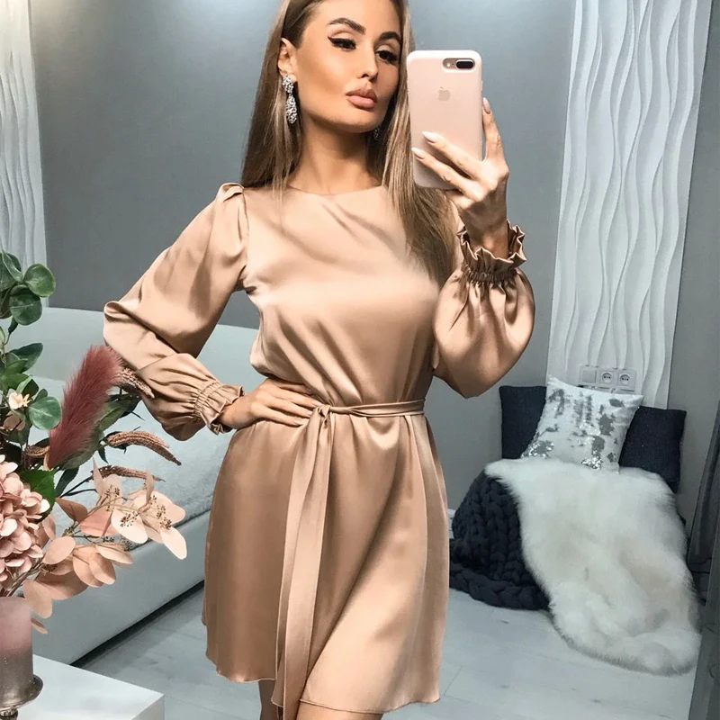 Women Casual O-Neck Satin Mini Dress solid Lantern Sleeve Sashes A Line Party Dress 2021 New Fishtion Spring Women Elegant Dress
Women Casual O-Neck Satin Mini Dress solid Lantern Sleeve Sashes A Line Party Dress 2021 New Fishtion Spring Women Elegant Dress