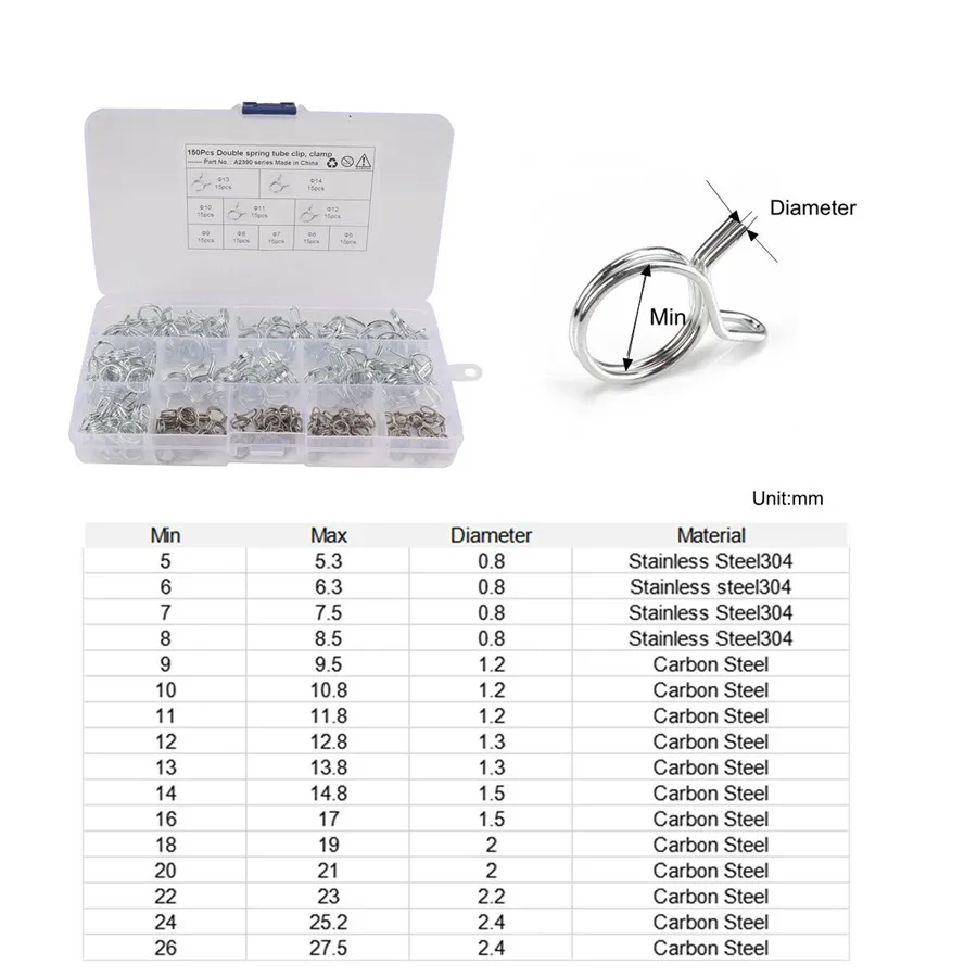 150pcs/box Φ5-Φ14 Double Wire Fuel Line Hose Tube Spring Clamps Kit Car repair kit
150pcs/box Φ5-Φ14 Double Wire Fuel Line Hose Tube Spring Clamps Kit Car repair kit