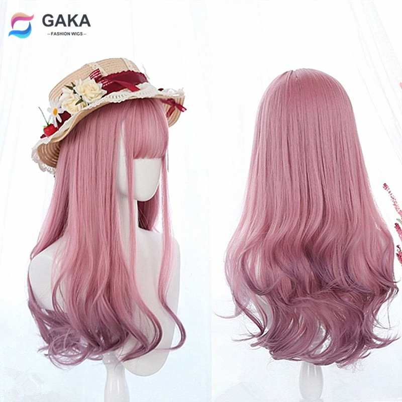

GAKA Lolita Synthetic Wigs Wavy Pink Ombre Cosplay Wig for Women with Bangs Long Natural Heat Resistant Party Hair Dyed Tail