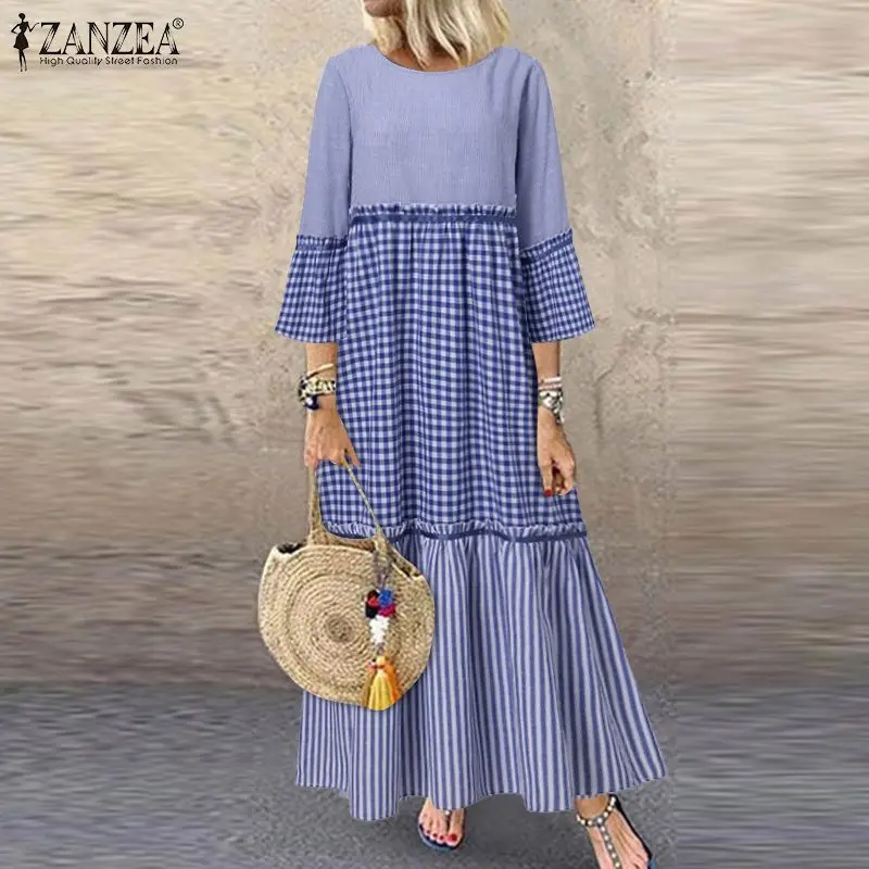 ZANZEA Women Autumn Casual Ruffle Striped Kaftan Vestidos Oversize O Neck 3/4 Sleeve Long Dress Vintage Plaid Patchwork Sundress
ZANZEA Women Autumn Casual Ruffle Striped Kaftan Vestidos Oversize O Neck 3/4 Sleeve Long Dress Vintage Plaid Patchwork Sundress