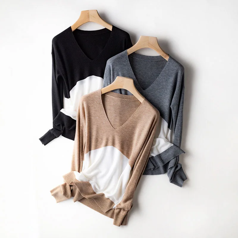 Wool Knitted Sweater Women Patchwork V Neck Full Sleeve Female Pullover Luxury Fit Spring Warm Casual Girls Basic Jumpers Tops
Wool Knitted Sweater Women Patchwork V Neck Full Sleeve Female Pullover Luxury Fit Spring Warm Casual Girls Basic Jumpers Tops