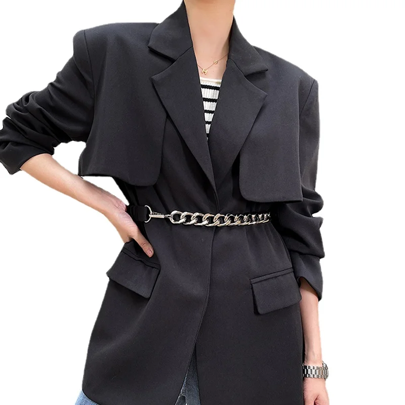 Black Metal Belt Big Size Blazers for Women Elegant New Lapel Long Sleeve Loose Fit and Jackets Fashion Tide Spring Autumn 2021
Black Metal Belt Big Size Blazers for Women Elegant New Lapel Long Sleeve Loose Fit and Jackets Fashion Tide Spring Autumn 2021