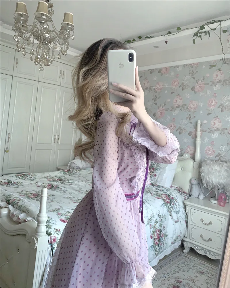 Woman A-line Dress Long Sleeved Stand Collar Elegant Dresses Office Lady Polka Dot Lace Patchwork Female Vestidos 2020 Spring fp