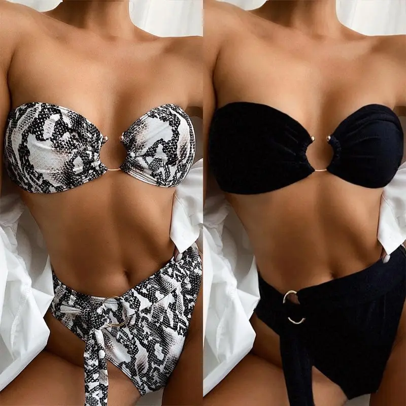 

Women Sexy 2Pcs Bikini Set Strapless Bandeau Bra Snakeskin Print Push Up Swimsuit High Cut Belted Triangle Bottom Bathing Suit