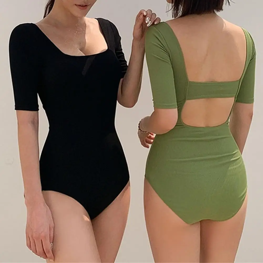Swimwear women one piece Summer Solid Color Half Sleeve Skinny One Piece Swimwear Monokini Swimsuit 2021 
Swimwear women one piece Summer Solid Color Half Sleeve Skinny One Piece Swimwear Monokini Swimsuit 2021