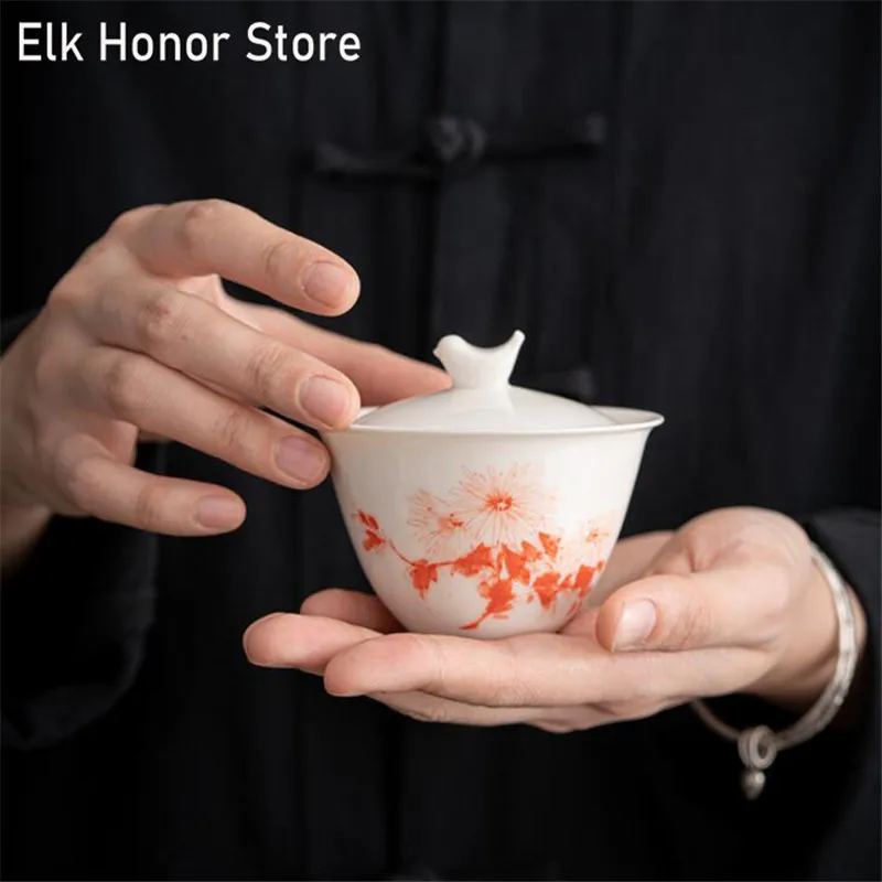 150ML Japanese Ceramic Tea Gaiwan Teacup Handmade Tureen White Porcelain Set Four Gentlemen Ceremony Master Cup Gift - купить по
