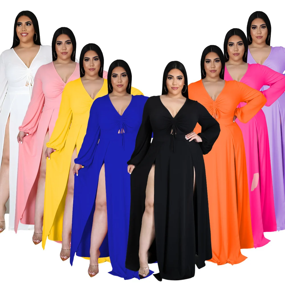 Plus Size Maxi Dresses Solid Slit Summer V-neck Sexy Casual Dress For Women Lace Up Long Lantern Sleeve Tea Party Dress
Plus Size Maxi Dresses Solid Slit Summer V-neck Sexy Casual Dress For Women Lace Up Long Lantern Sleeve Tea Party Dress