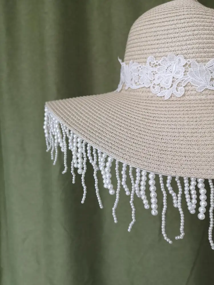 French Style Pearl Tassel Fringe Sun Hat For Women 11CM Wide Brim Travel Beach Foldable Straw Cap Ladies Summer Party Lace Hat
French Style Pearl Tassel Fringe Sun Hat For Women 11CM Wide Brim Travel Beach Foldable Straw Cap Ladies Summer Party Lace Hat