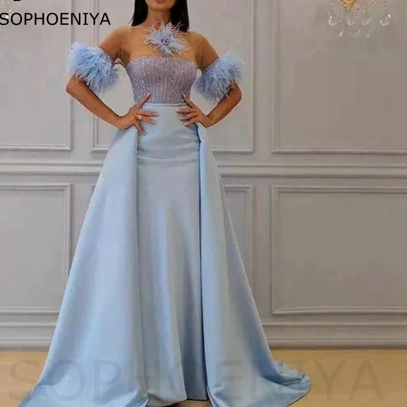 Elegant Sky Blue Evening Dress Feathers Short Sleeve Illusion Neck Evening Dresses with Detachable Train robe de soiree
Elegant Sky Blue Evening Dress Feathers Short Sleeve Illusion Neck Evening Dresses with Detachable Train robe de soiree