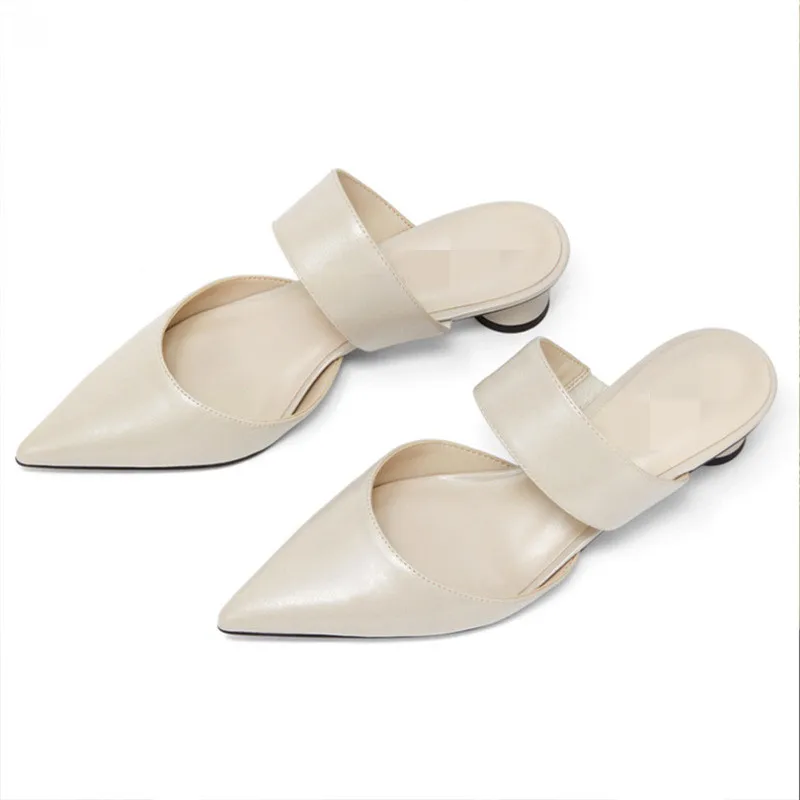 Mules For Women 2021 Square heel Slippers Casual Pointed Toe Female Shoes Shallow Slides Med Block Luxury Soft New PU Concise Ho