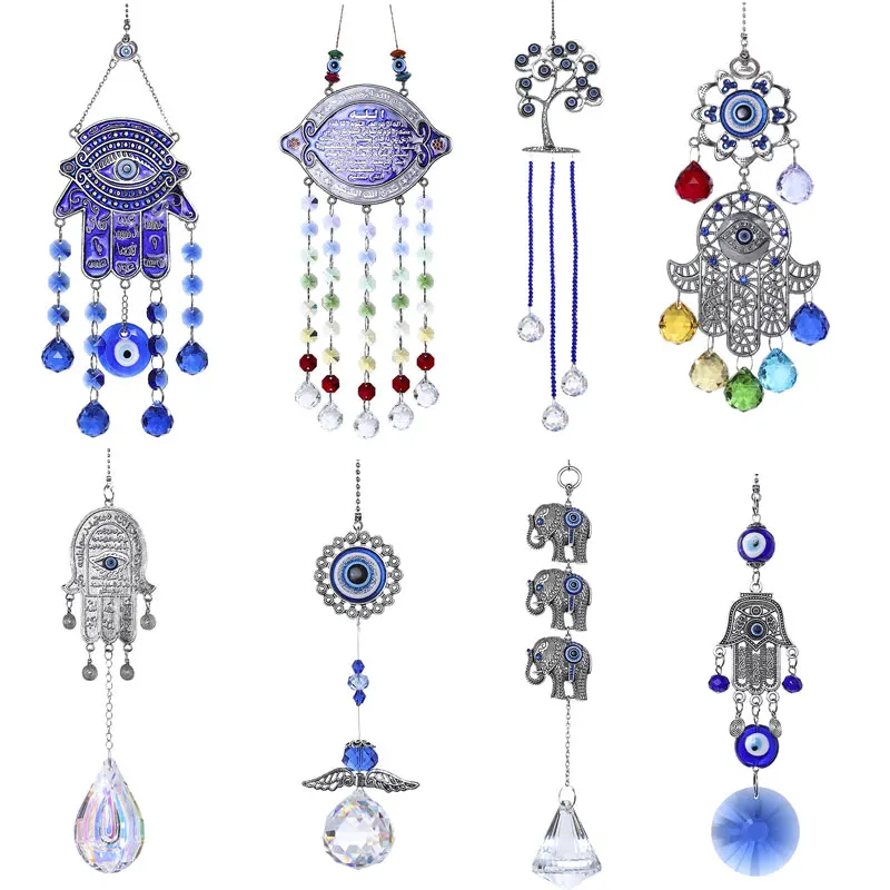 

H&D DIY Lucky Hamsa Turkish Blue Evil Eye Crystal Charm Suncatcher Pendant Wind Chime Amulet Home Wall Garden Hanging Decoration