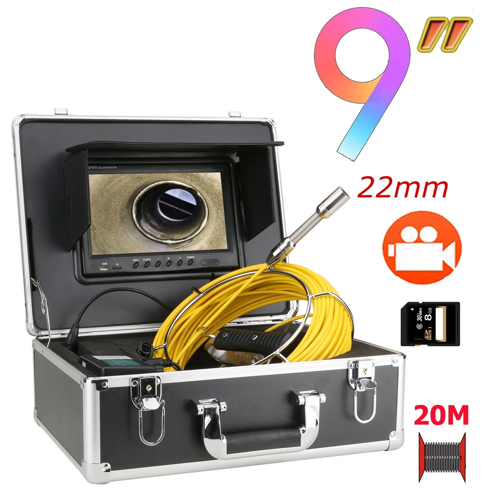 

9" Monitor 100FT/30M Pipe Inspection Camera, 8GB TF Card DVR IP68 Snake Video Drain Sewer Pipe Industrial Endoscope with 23MM