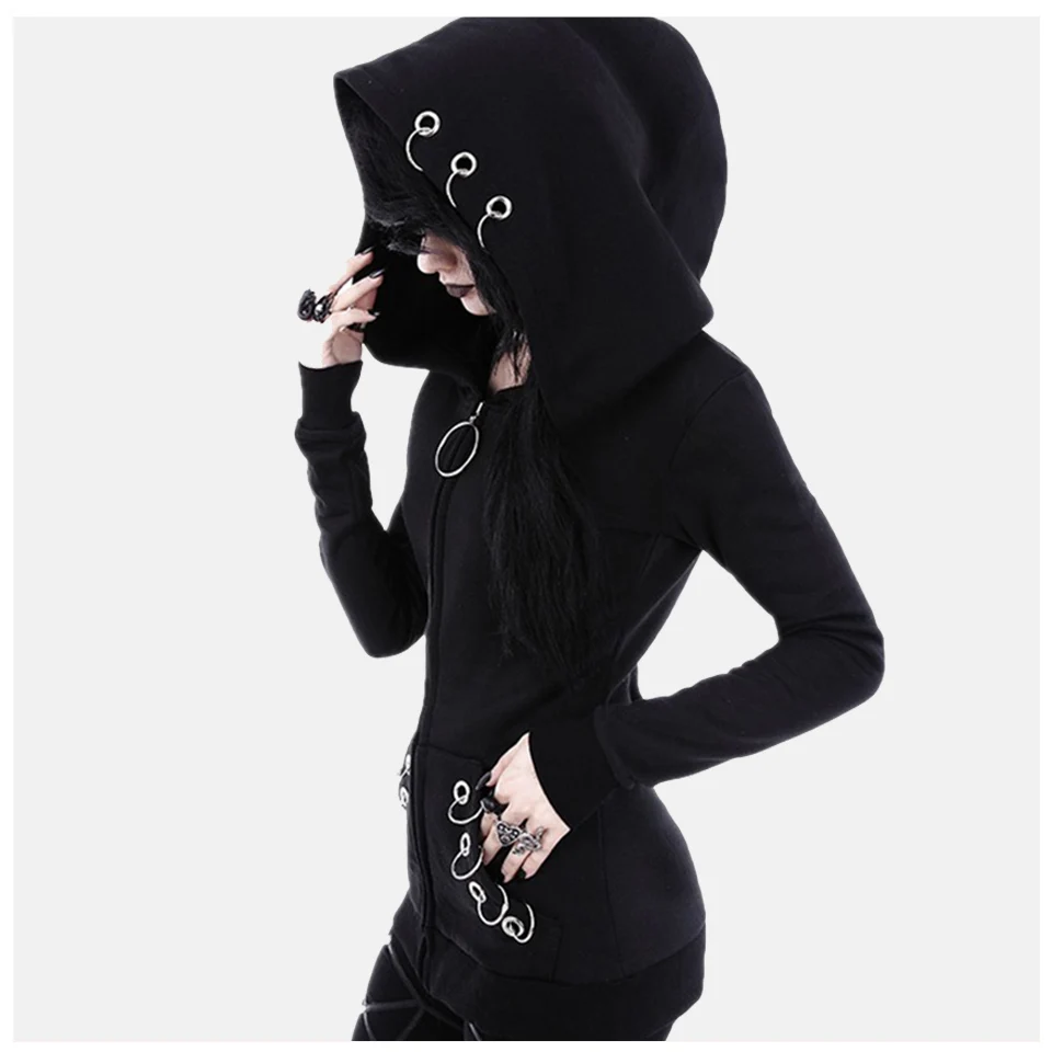 

Plain Hooded Sweatshirt Punk Dark Gothic Poleron Mujer 2020 Ring Rivet Embellished Hoodie Zip Up Witch Style Hoodie 5xl Women
