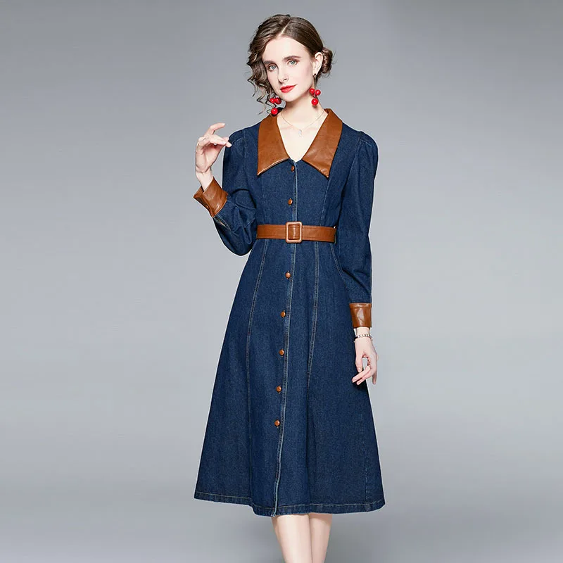 Micosoni Spring/Autumn New Arrival Slimming Retro Contrast Color Pu Lapel Belt Single-Breasted A-line Denim Dresses Plus Size
Micosoni Spring/Autumn New Arrival Slimming Retro Contrast Color Pu Lapel Belt Single-Breasted A-line Denim Dresses Plus Size