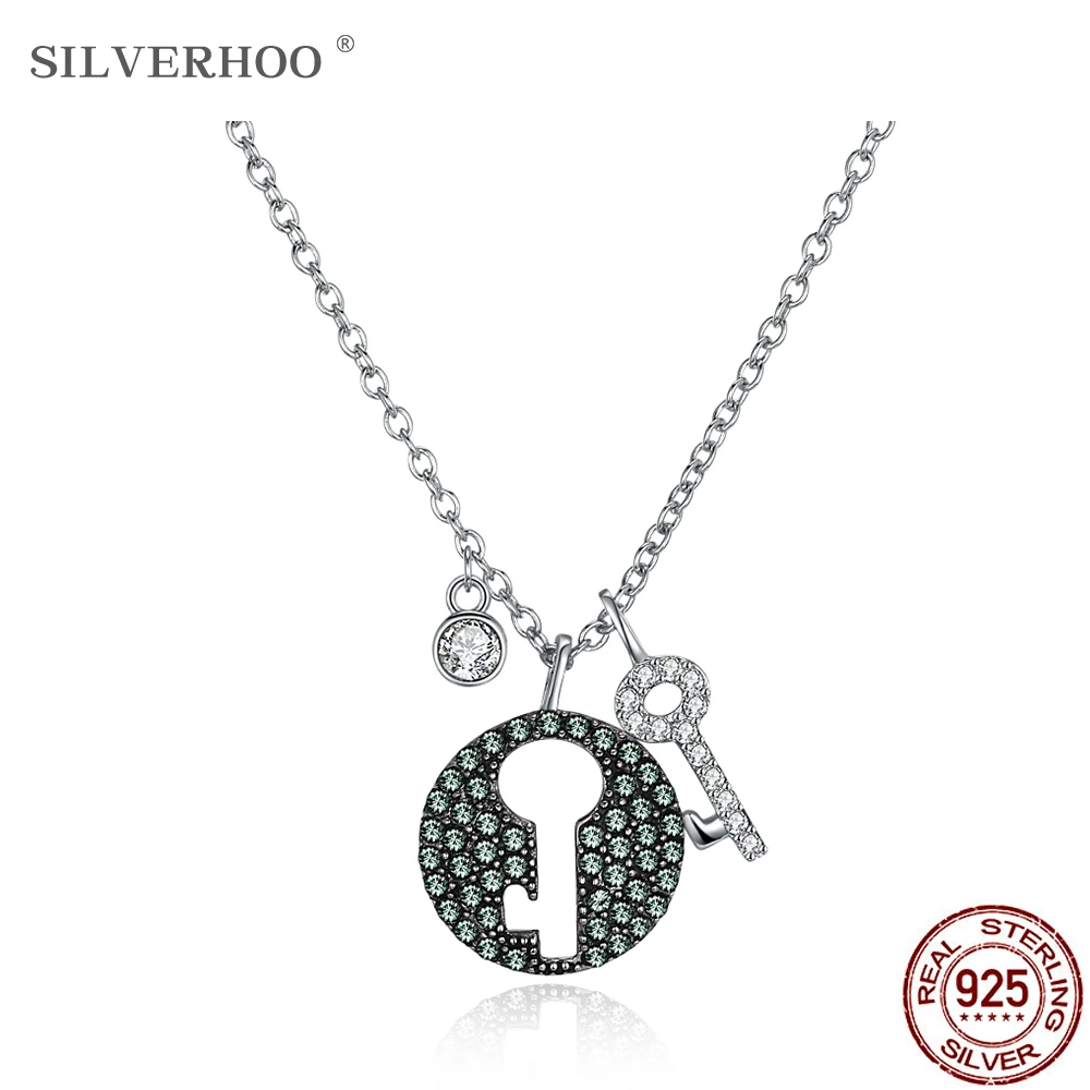 

SILVERHOO S925 Sterling Silver Fairy Style Key Set Pendant Women Necklace Forest Green Austria Crystal Lady Chains Fine Jewelry