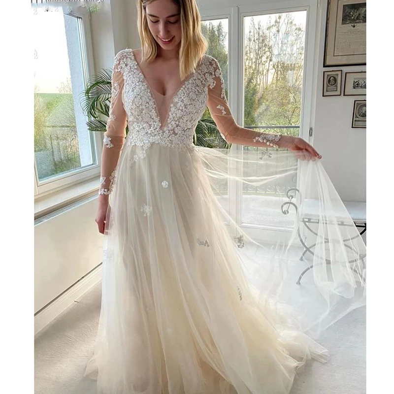 ANNA-BEAUTY Store 2021 Light Champagn Tulle V-Neck Long Sleeves A-Line Chapel Train Floor-Length Bridal Wedding Dress For Women
ANNA-BEAUTY Store 2021 Light Champagn Tulle V-Neck Long Sleeves A-Line Chapel Train Floor-Length Bridal Wedding Dress For Women