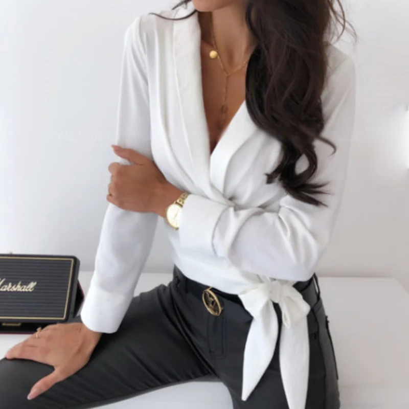 Женская офисная блузка с длинным рукавом, элегантная Однотонная рубашка с глубоким V-образным вырезом, одежда для улицы, весна-осень 2021 
Женская офисная блузка с длинным рукавом, элегантная Однотонная рубашка с глубоким V-образным вырезом, одежда для улицы, весна-осень 2021