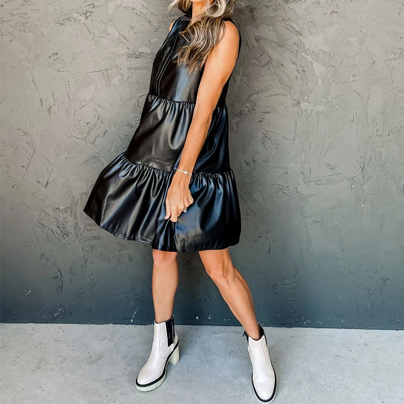 Elegant V-Neck Women Pleated A-Line Dress Summer Sexy Sleeveless Party Mini Dresses Female Fashion PU Leather Dress Vestido 2022
Elegant V-Neck Women Pleated A-Line Dress Summer Sexy Sleeveless Party Mini Dresses Female Fashion PU Leather Dress Vestido 2022