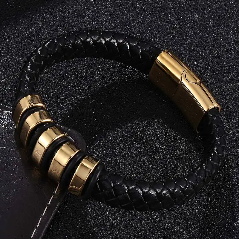 Punk Jewelry Black Leather Braided Bracelets Men Gold Color Stainless Steel Magnet Clasp Male Wristband Exquisite Bangles SP0776
Punk Jewelry Black Leather Braided Bracelets Men Gold Color Stainless Steel Magnet Clasp Male Wristband Exquisite Bangles SP0776