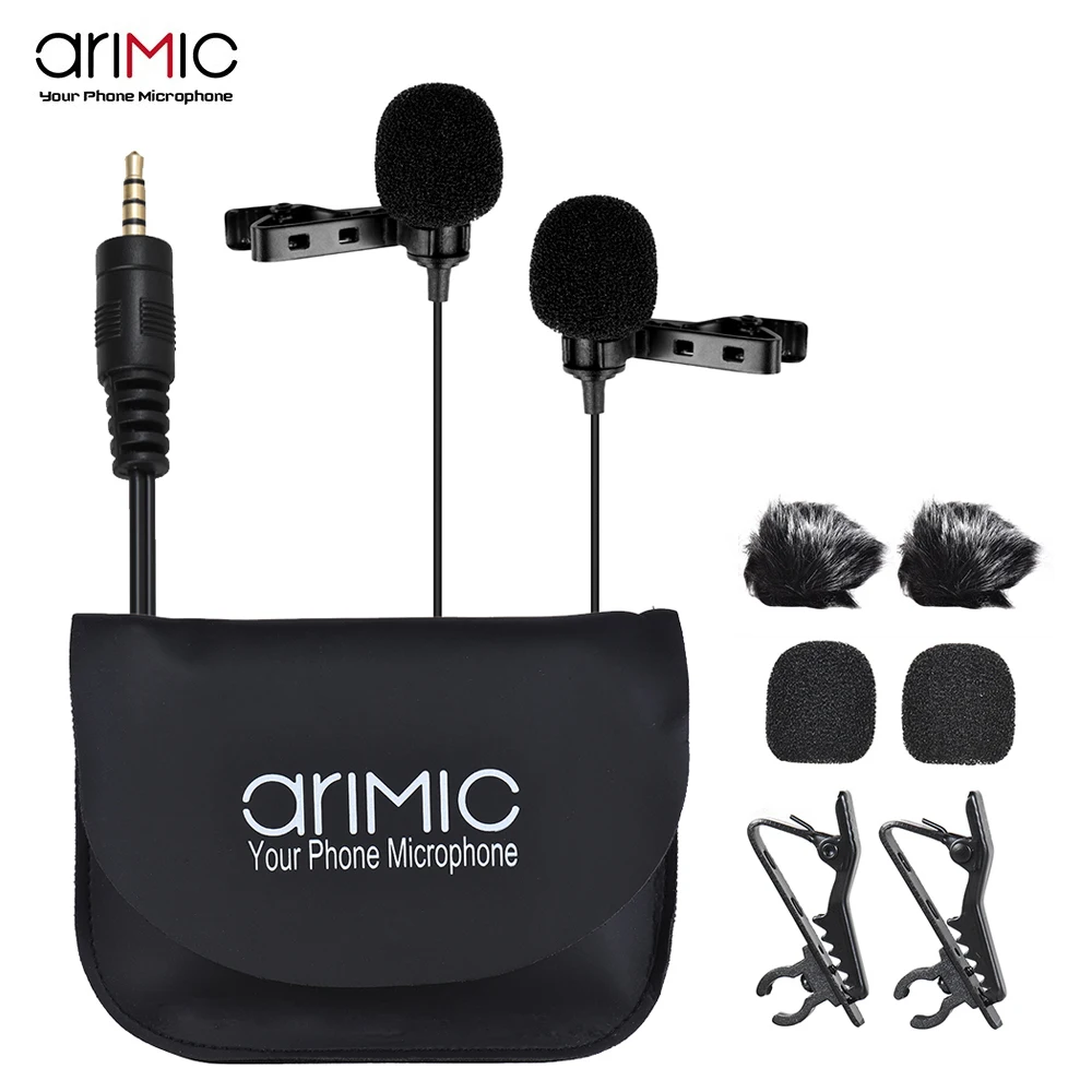 AriMic Dual-Head Clip on Lapel Microphone Lavalier Omnidirectional Condenser Recording Mic for iPhone Sumsang DSLR Camera Phone
AriMic Dual-Head Clip on Lapel Microphone Lavalier Omnidirectional Condenser Recording Mic for iPhone Sumsang DSLR Camera Phone