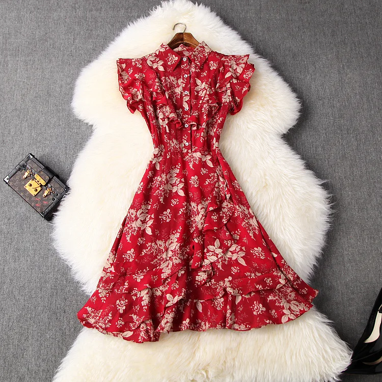 New European and American women's dresses for spring 2020 Short sleeve lapel Fashionable red print ruffled dress 
New European and American women's dresses for spring 2020 Short sleeve lapel Fashionable red print ruffled dress