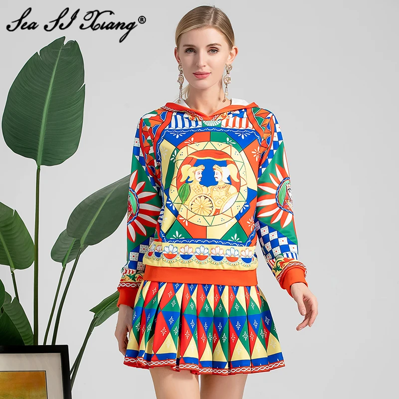 Seasixiang Fashion Designer Autumn Suit Women Hooded Long Sleeve Casual Coat + Pleated Skirt Vintage Print Two Piece Set 
Seasixiang Fashion Designer Autumn Suit Women Hooded Long Sleeve Casual Coat + Pleated Skirt Vintage Print Two Piece Set