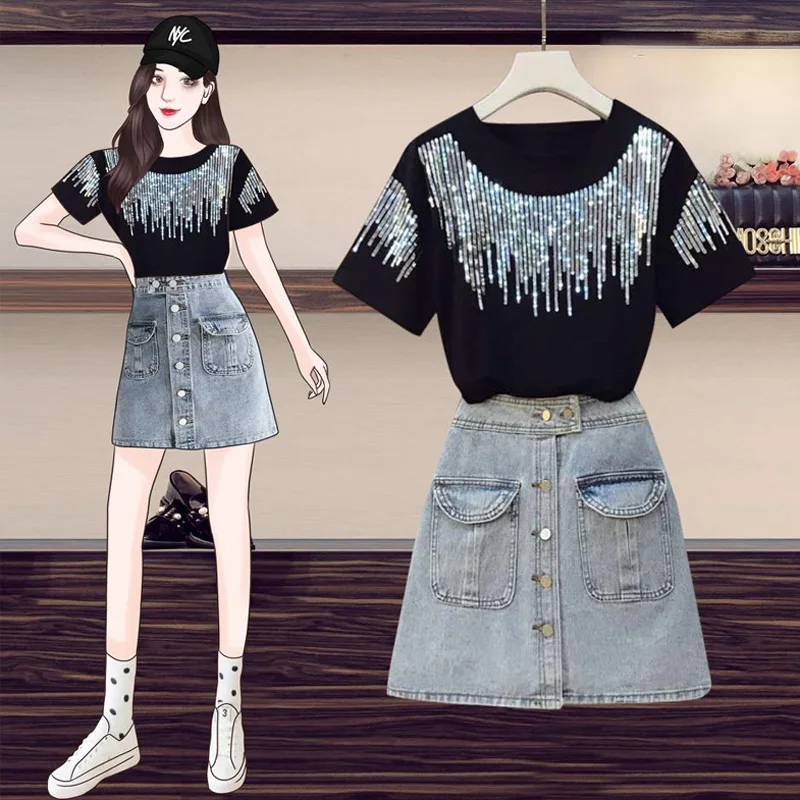 Women Summer Large Plus Size Matching Set Outfits Casual Sequin T-shirt Tops And Mini Denim Skirt Elegant Korea Two Pieces | Женская
