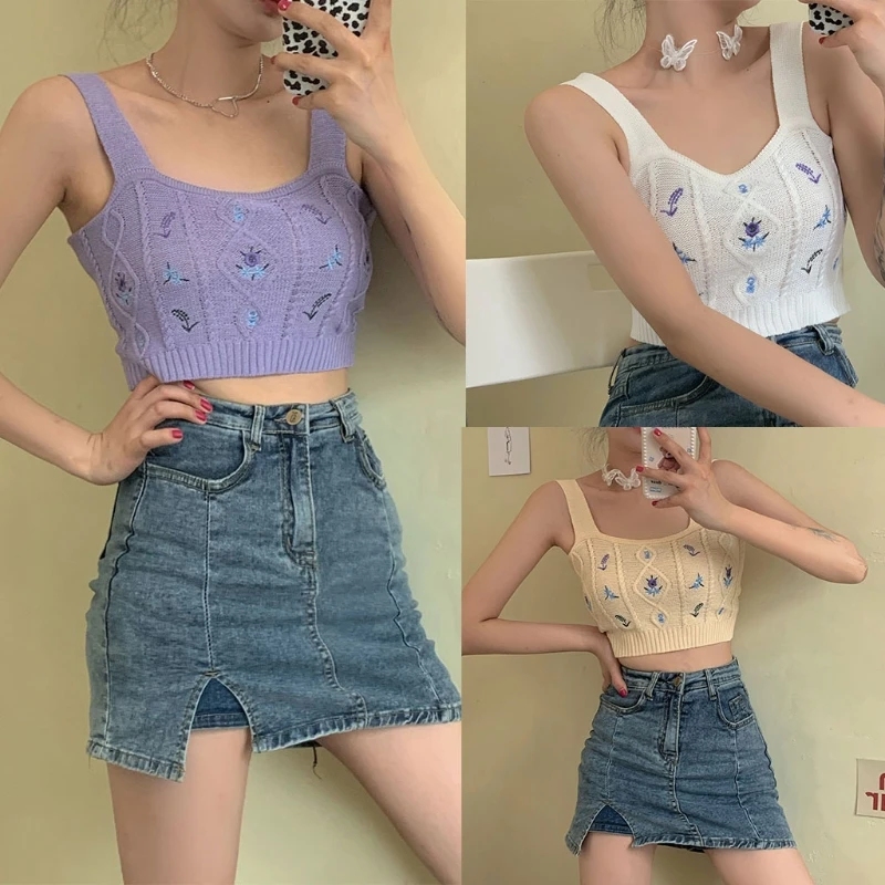 Women Knitted Sleeveless Crop Top Sweet Floral Embroidery Slim Short Vest Sexy Square Neck Harajuku Camis Tank Sweater
Women Knitted Sleeveless Crop Top Sweet Floral Embroidery Slim Short Vest Sexy Square Neck Harajuku Camis Tank Sweater