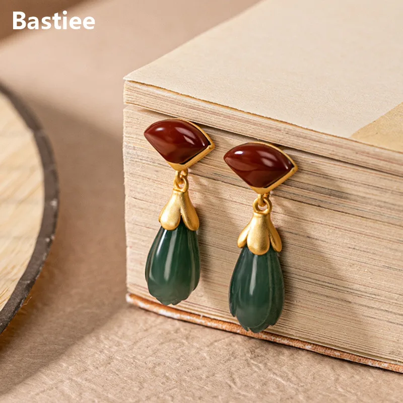 

Bastiee 925 Sterling Silver Emerald Earrings For Women Drop Dangle Luxury Jewelry Gold Plated Jade Red Agate Magnolia Flower